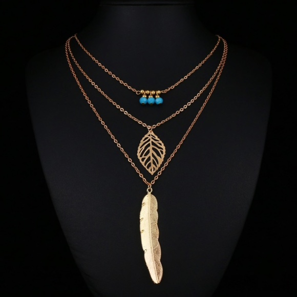 3/$30 Gold Teal 3 Layering Necklace Leaf Feather - Picture 2 of 4